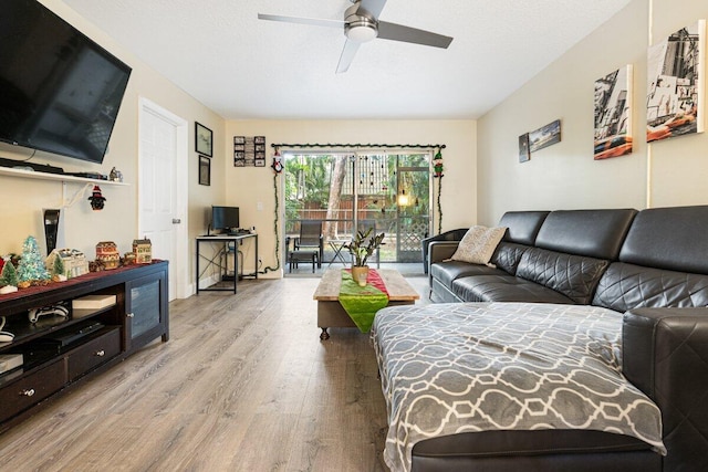 living room with light hardwood / wood-style floors and ceiling fan