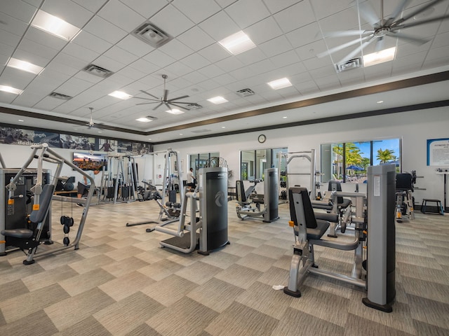 gym featuring a drop ceiling and light colored carpet