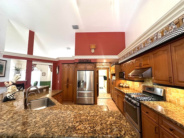 kitchen with appliances with stainless steel finishes, light wood-type flooring, ornamental molding, vaulted ceiling, and sink