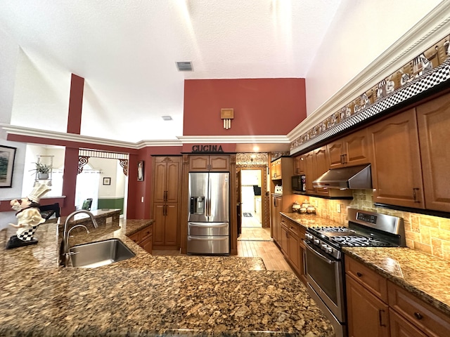 17976 88th Rd N, Loxahatchee, FL 33470 - kitchen featuring stainless steel appliances, a sink, under cabinet range hood, high vaulted ceiling, and dark stone counters
