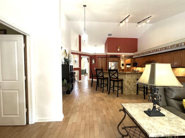 17976 88th Rd N, Loxahatchee, FL 33470 - living area with a towering ceiling, light wood-type flooring, and rail lighting