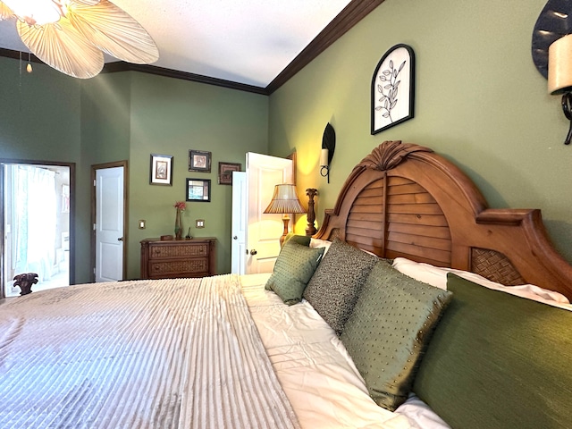 bedroom with ceiling fan and ornamental molding