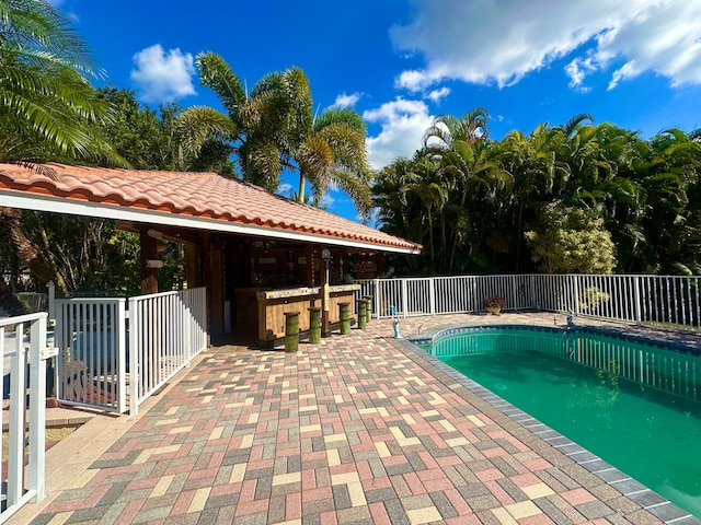 view of pool with a patio area and exterior bar