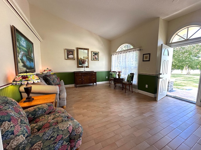 living room with high vaulted ceiling