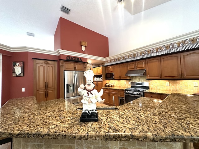17976 88th Rd N, Loxahatchee, FL 33470 - kitchen featuring appliances with stainless steel finishes, under cabinet range hood, dark stone counters, tasteful backsplash, and a towering ceiling