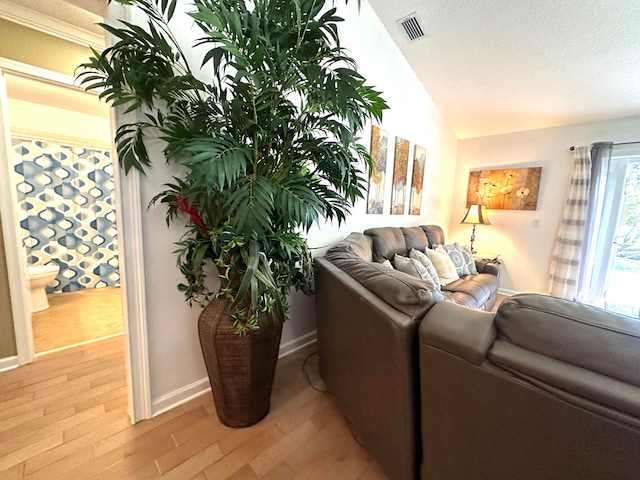 living room with a textured ceiling, light hardwood / wood-style flooring, and vaulted ceiling