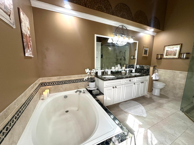 full bathroom with vanity, shower with separate bathtub, toilet, and crown molding