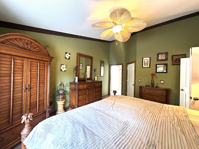 bedroom featuring a textured ceiling, ceiling fan, and crown molding