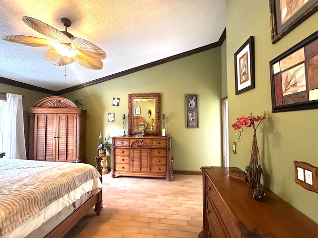 bedroom with a textured ceiling, crown molding, ceiling fan, and lofted ceiling