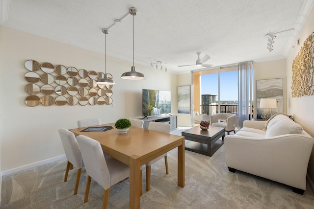 dining space featuring light carpet, a textured ceiling, rail lighting, and ornamental molding