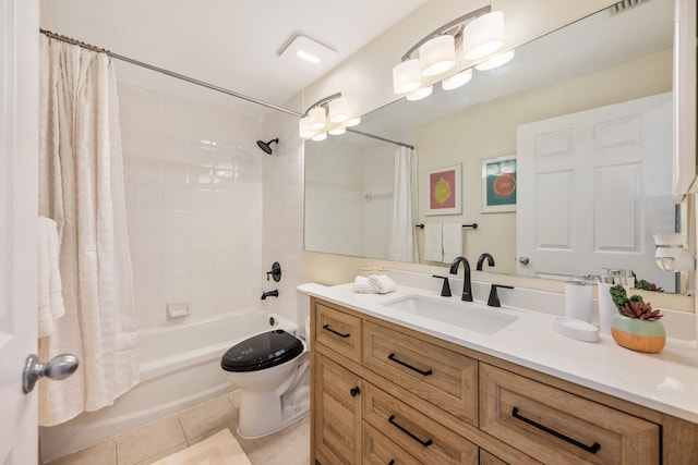 full bathroom featuring tile patterned flooring, vanity, shower / bath combination with curtain, and toilet