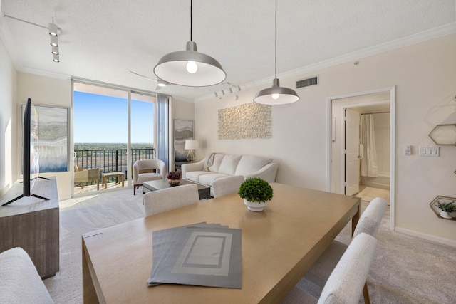 dining space with a textured ceiling, crown molding, light carpet, and track lighting