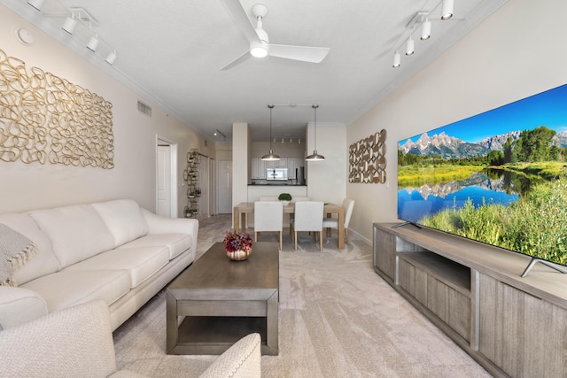 carpeted living room with crown molding, rail lighting, and ceiling fan