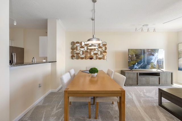 dining area featuring carpet, a textured ceiling, rail lighting, and ornamental molding