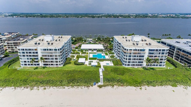 drone / aerial view featuring a water view