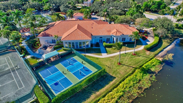 aerial view featuring a water view