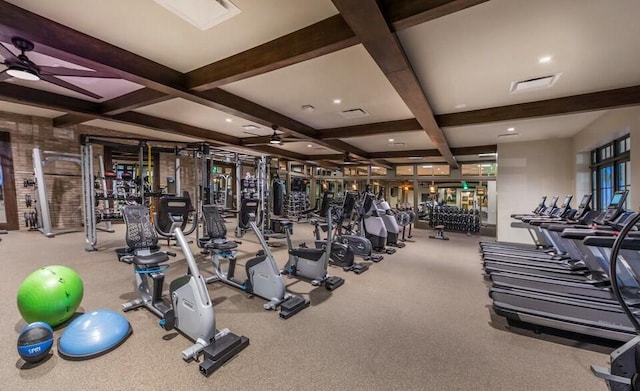 gym featuring carpet, ceiling fan, and coffered ceiling