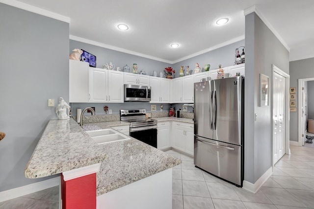 kitchen with a peninsula, a sink, white cabinets, appliances with stainless steel finishes, and crown molding