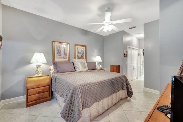 bedroom featuring light tile patterned floors, a ceiling fan, visible vents, baseboards, and a closet