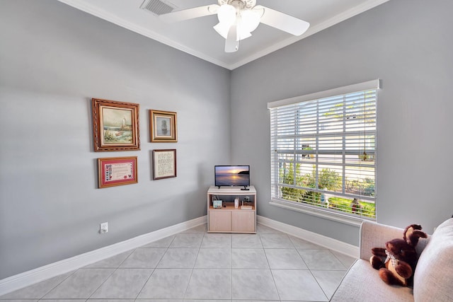 interior space with ornamental molding, light tile patterned flooring, visible vents, and baseboards