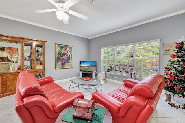 tiled living room featuring ceiling fan and ornamental molding