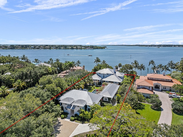 drone / aerial view featuring a water view