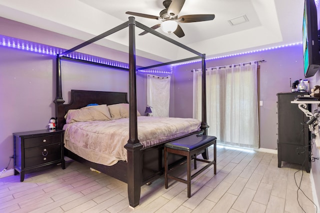 bedroom featuring ceiling fan and light wood-type flooring