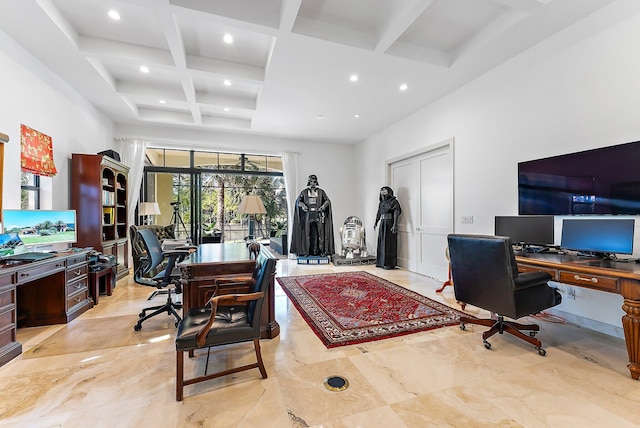 office space featuring beamed ceiling, coffered ceiling, and a high ceiling