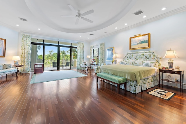 bedroom featuring a raised ceiling, ceiling fan, ornamental molding, dark hardwood / wood-style floors, and access to outside