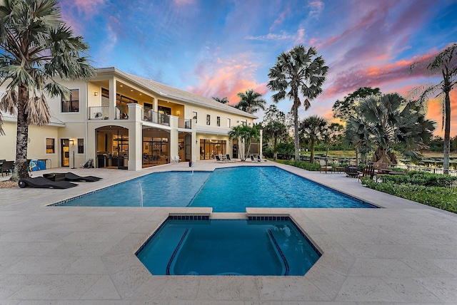 pool at dusk with an in ground hot tub and a patio