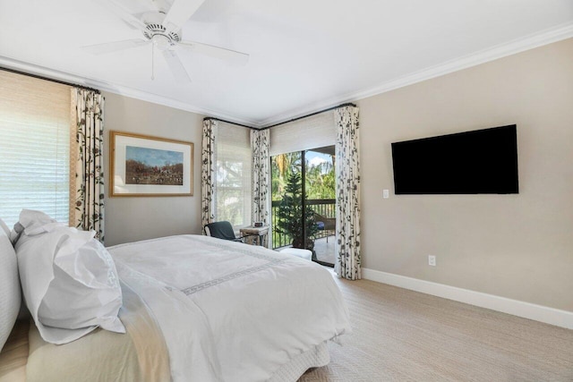 bedroom featuring ornamental molding, carpet, access to exterior, and ceiling fan