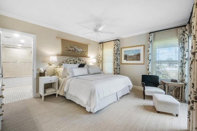 bedroom with crown molding, carpet floors, and ceiling fan