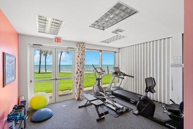 workout area with carpet and a water view