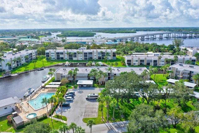 drone / aerial view with a water view