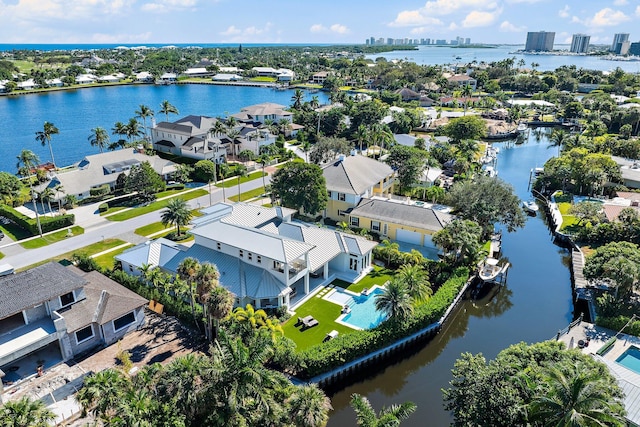 bird's eye view with a water view