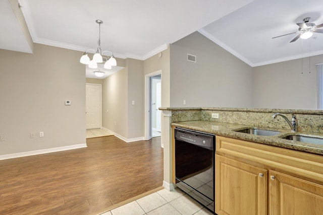 kitchen featuring stone counters, sink, black dishwasher, light wood-type flooring, and ornamental molding