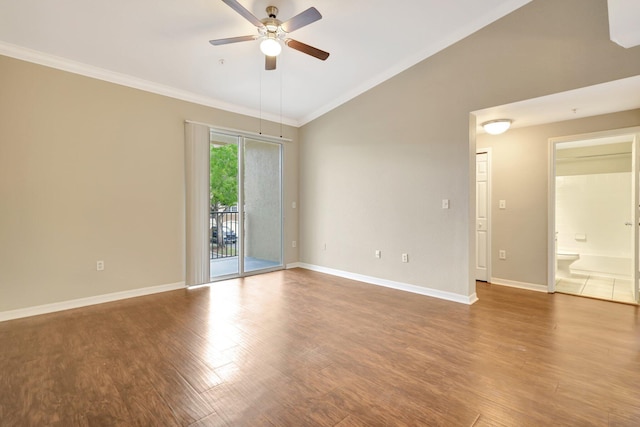 empty room with wood-type flooring, ceiling fan, and crown molding