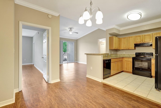 kitchen featuring pendant lighting, black appliances, ceiling fan with notable chandelier, crown molding, and light wood-type flooring