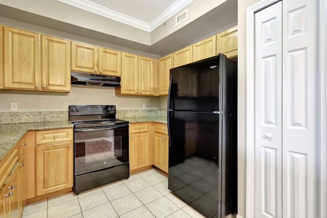 kitchen featuring light stone counters, light tile patterned flooring, black appliances, and ornamental molding