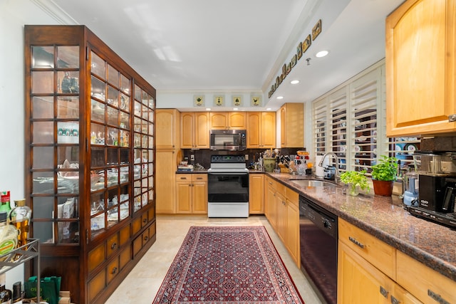 kitchen featuring dishwasher, sink, white range with electric cooktop, crown molding, and dark stone counters