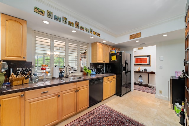 kitchen with black appliances, sink, ornamental molding, light tile patterned floors, and tasteful backsplash