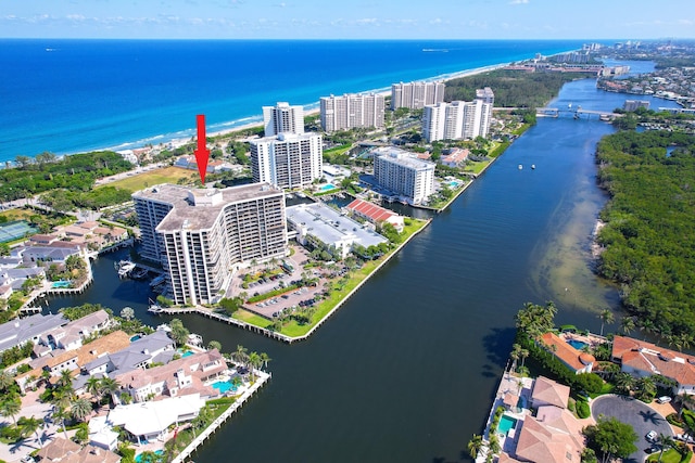 aerial view featuring a water view