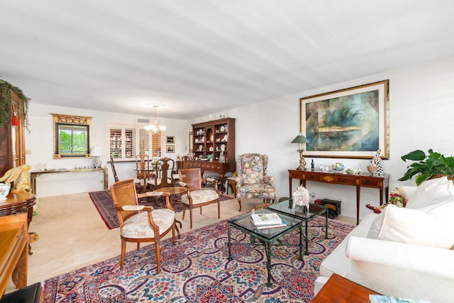 living room with a chandelier