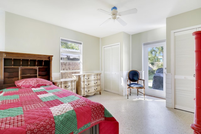 bedroom with ceiling fan and access to exterior