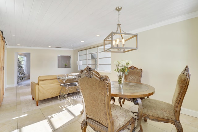 dining room with wooden ceiling, light tile patterned floors, ornamental molding, and a chandelier