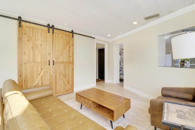 living room featuring a barn door, crown molding, light tile patterned flooring, and wooden ceiling