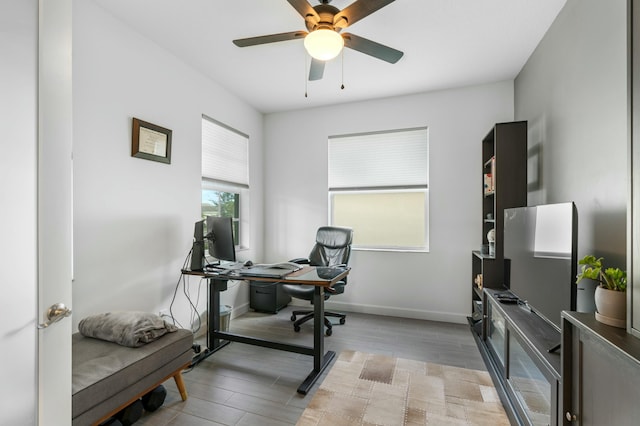 office featuring ceiling fan and light hardwood / wood-style floors