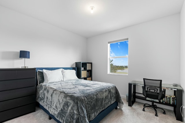 bedroom featuring light carpet