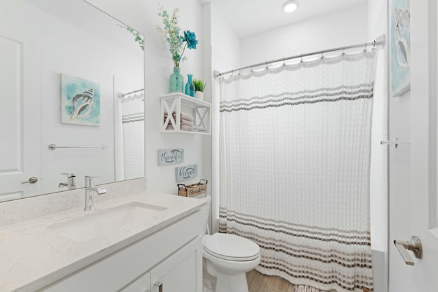 bathroom with toilet, wood-type flooring, vanity, and curtained shower