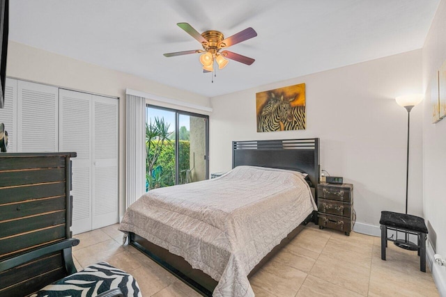 bedroom featuring ceiling fan, light tile patterned flooring, access to outside, and a closet